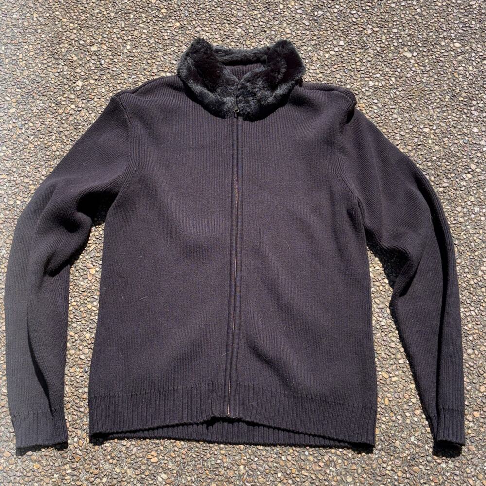 Cambridge Dry Goods Company Full Zip Sweater Faux Fur Collar Women’s Large Black